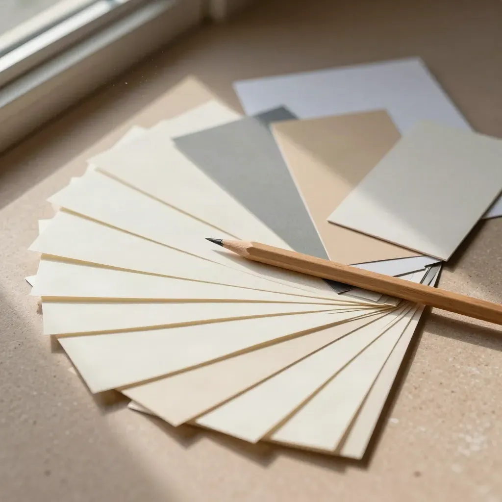 Paper strips, pencil and swatches on a putty surface, shot overhead with a diagonal pull.