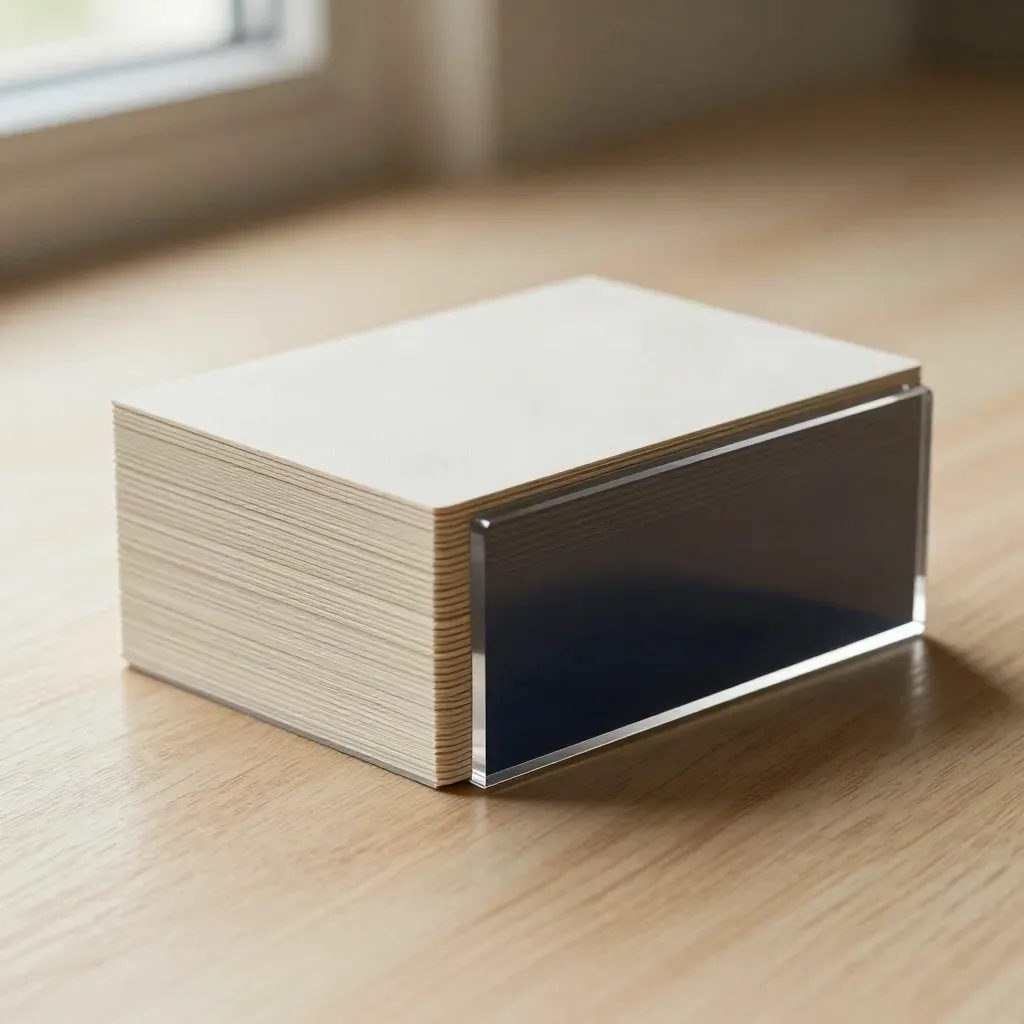 Matte search-shield cards and a dark acrylic block staged on pale oak in soft side light.