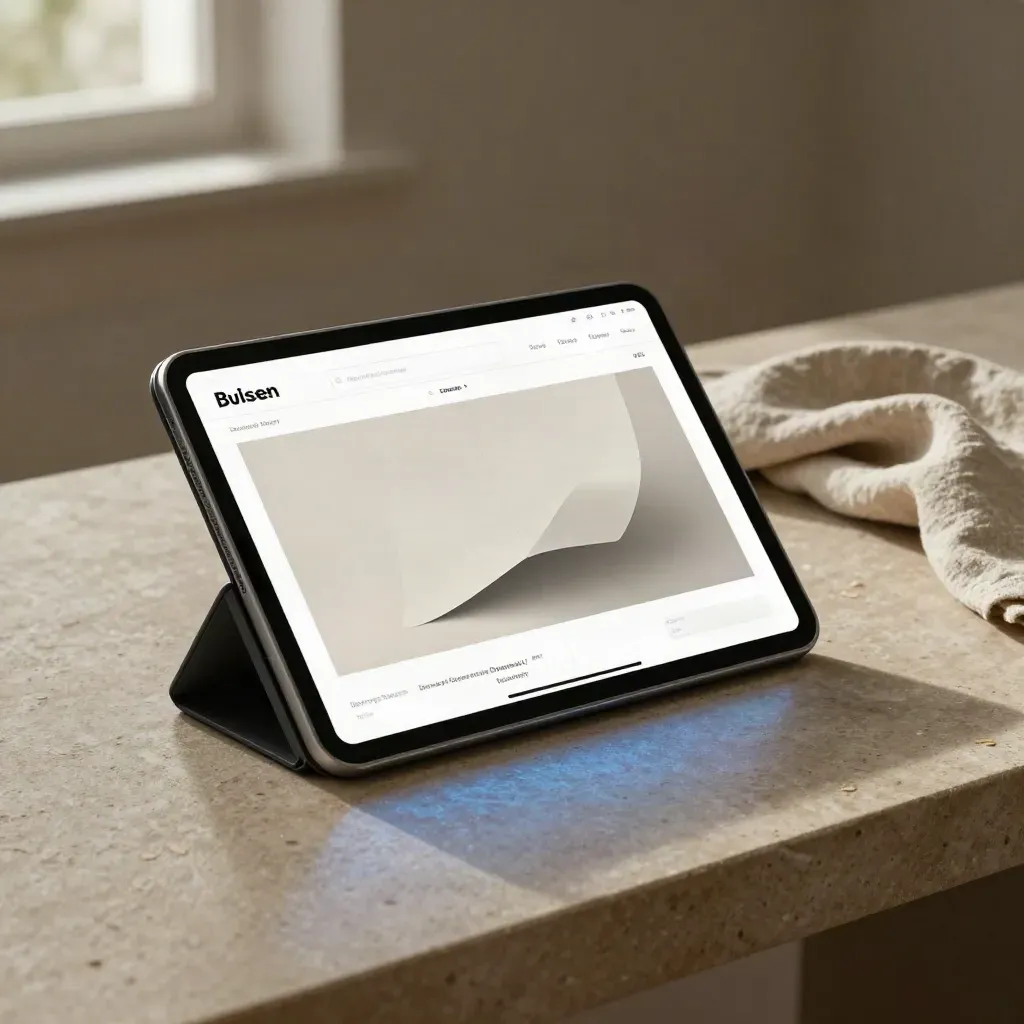 Closed tablet, bent paper mockup and folded cloth on warm stone in moody blue-lit studio.