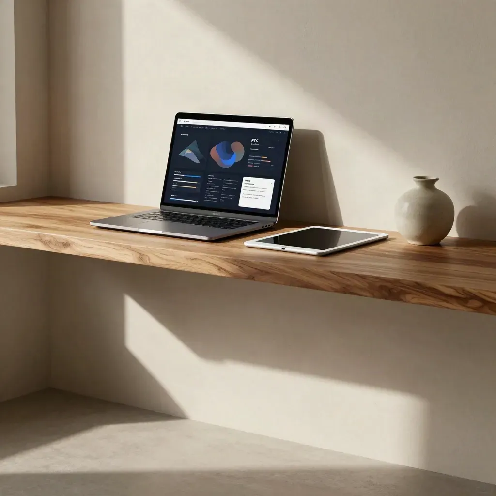 Sunny interior with a laptop showing blurred ad analytics on an oak bench.