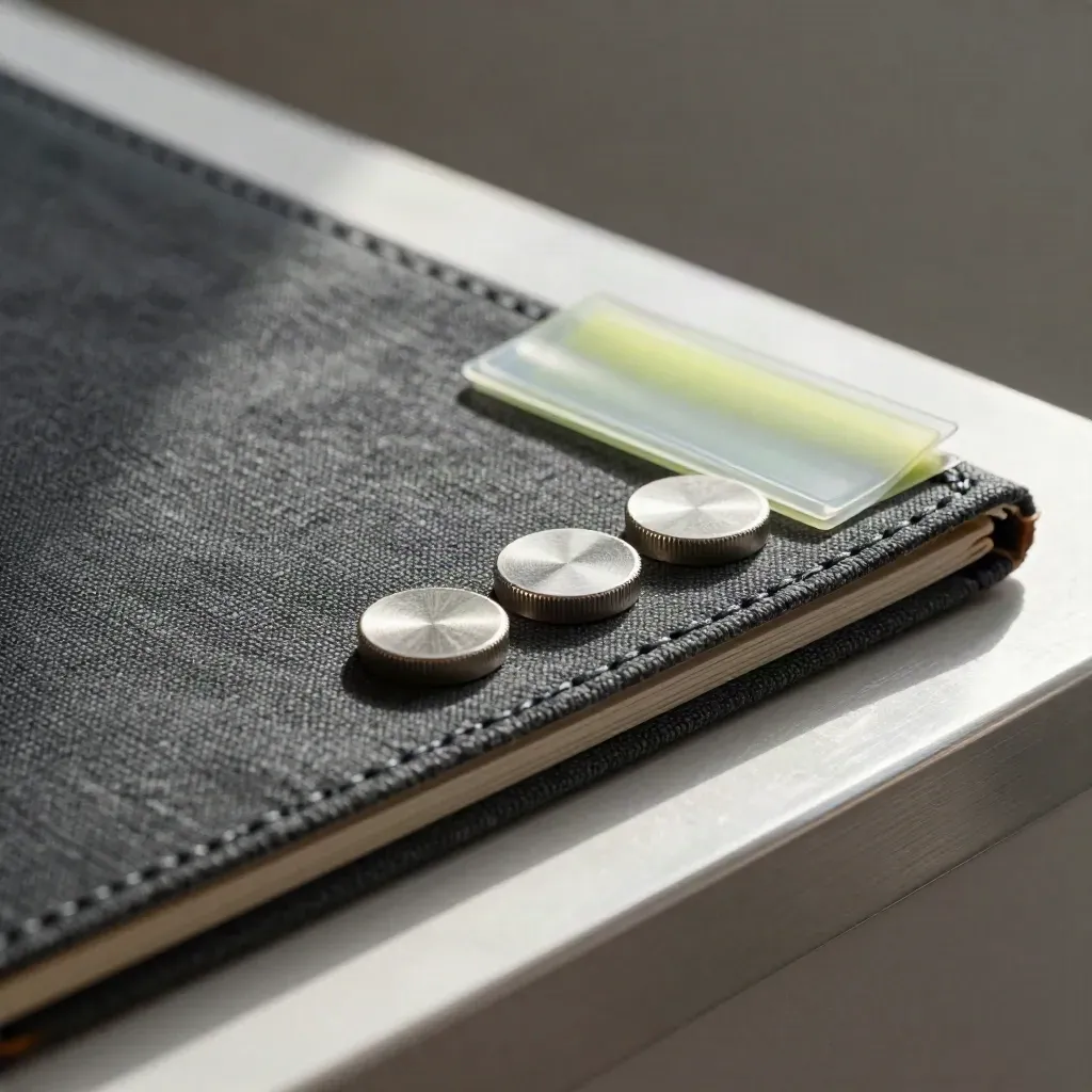Close-up of a charcoal care folder, metal tokens and lime-tinted tabs on a stone ledge