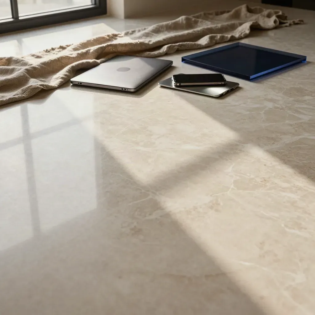 Marble surface with linen runner, laptop, phone, and soft window-grid light for copy space.