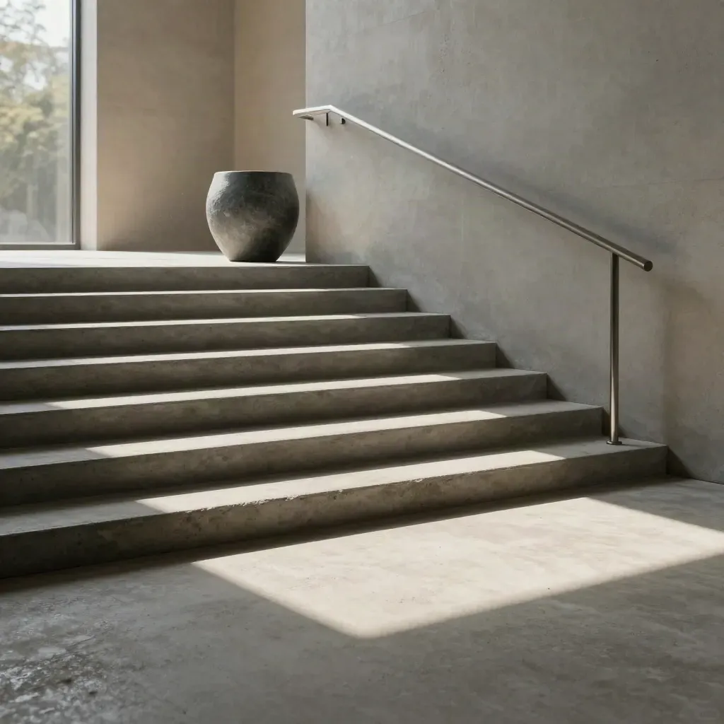Sunlit concrete stair landing with curved rail shadow and a matte slate planter