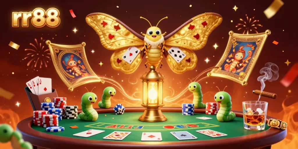 Engage with the exciting dynamics of the rr88 gaming scene featuring golden-winged atlas moths and casino elements.