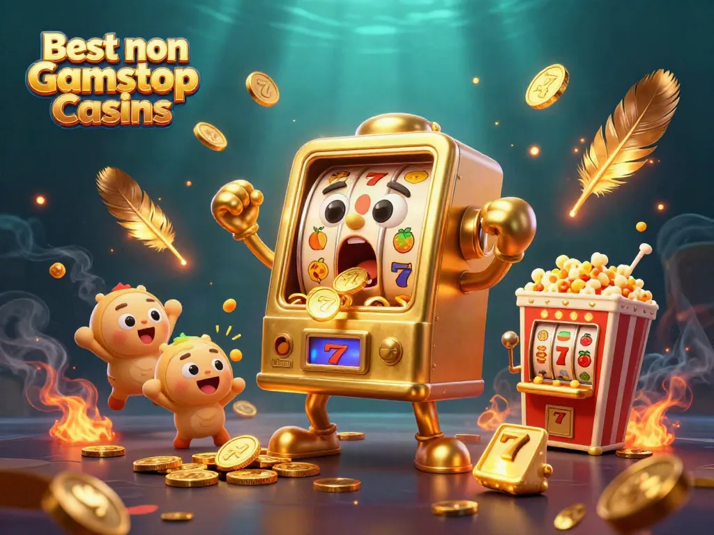 Winning scene of 3D golden slot machine hitting jackpot at Best non Gamstop Casinos.