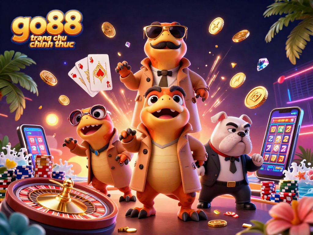 Join go88 trang chu chinh thuc action with cartoon raptors at a VIP lounge, surrounded by coins and gaming elements.