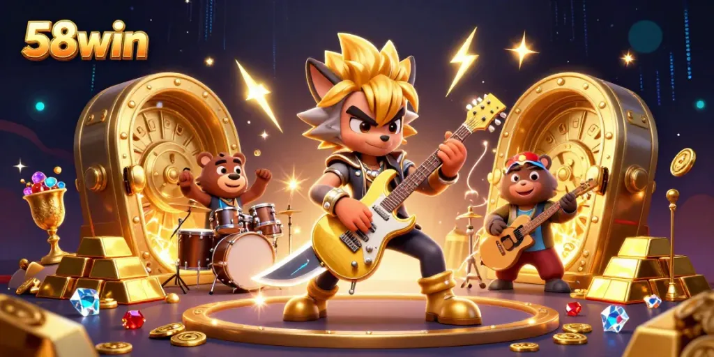 Experience thrilling gameplay with 58win's vibrant casino scene featuring rock star characters and treasure.