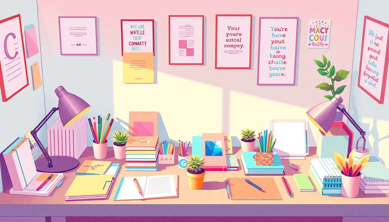 Showcase a modern workspace of a stationery company filled with vibrant stationery products and creative elements.