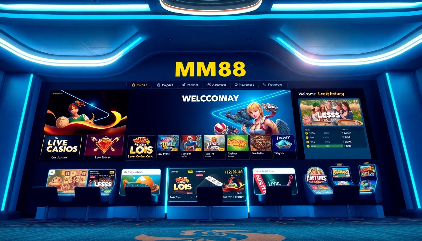 Experience exciting online gaming with MM88 sa com, featuring vibrant visuals of slot machines and live casino action.