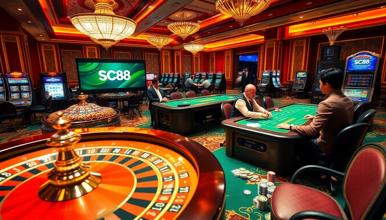 Exciting casino scene showcasing SC88.ad's vibrant gambling activities and luxurious gaming environment.