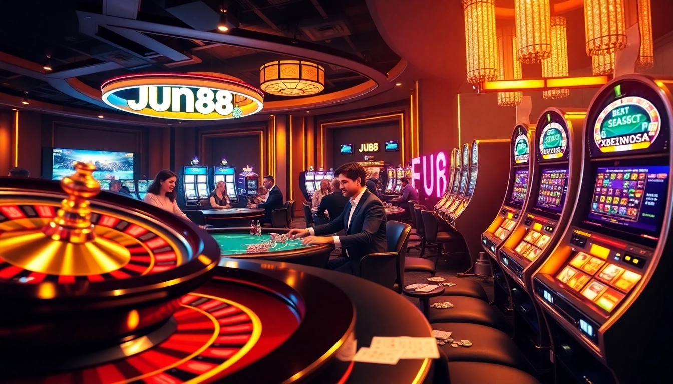 Gamblers enjoying an exciting game at Jun88 casino, showcasing vibrant poker tables and slot machines.
