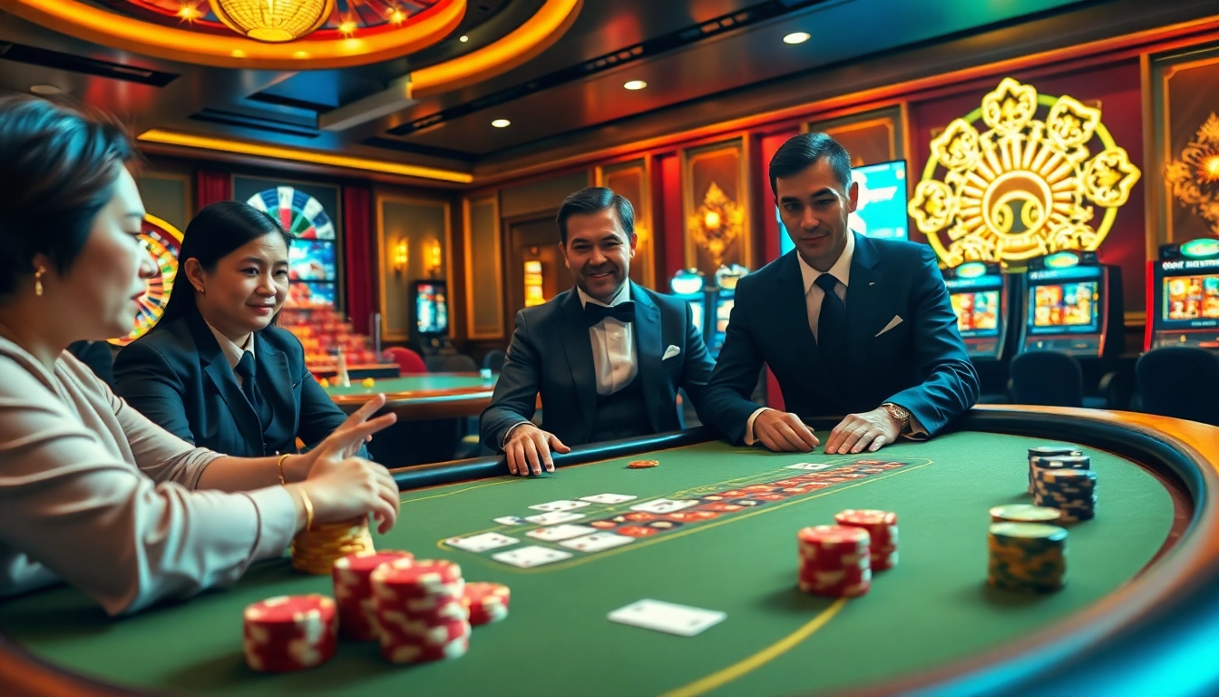 Engaged players at the LC88 poker table, surrounded by vibrant casino elements and excitement.