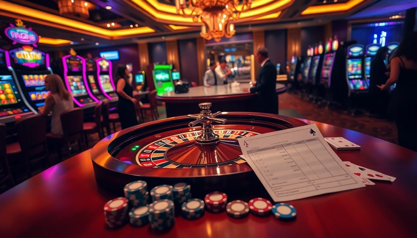 Experience the excitement of Slot Terpercaya at a luxurious casino setting with vibrant slot machines and roulette.