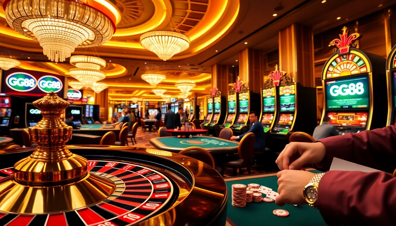 Experience the excitement at GG88's luxurious casino, featuring roulette and vibrant slot machines.
