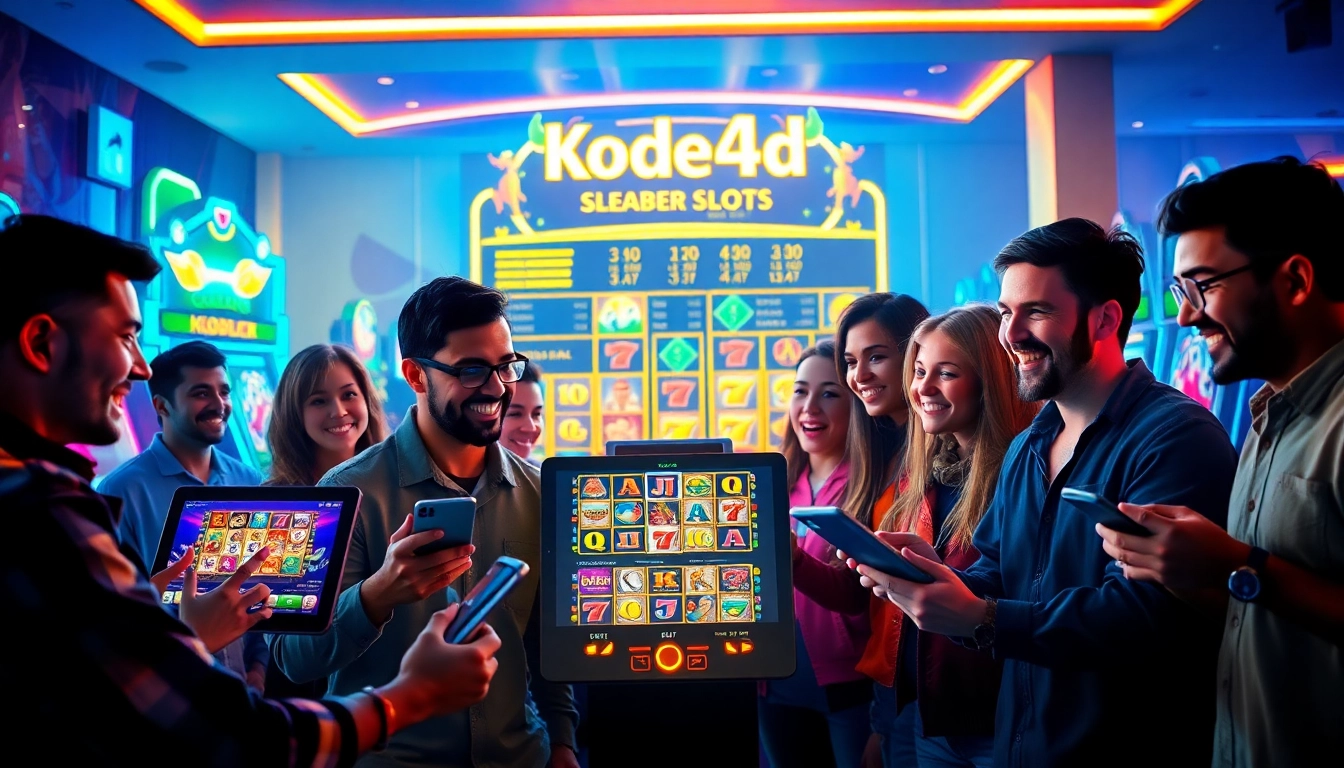 Kode4d slot gaming scene showing enthusiastic players engaging with colorful digital interfaces.