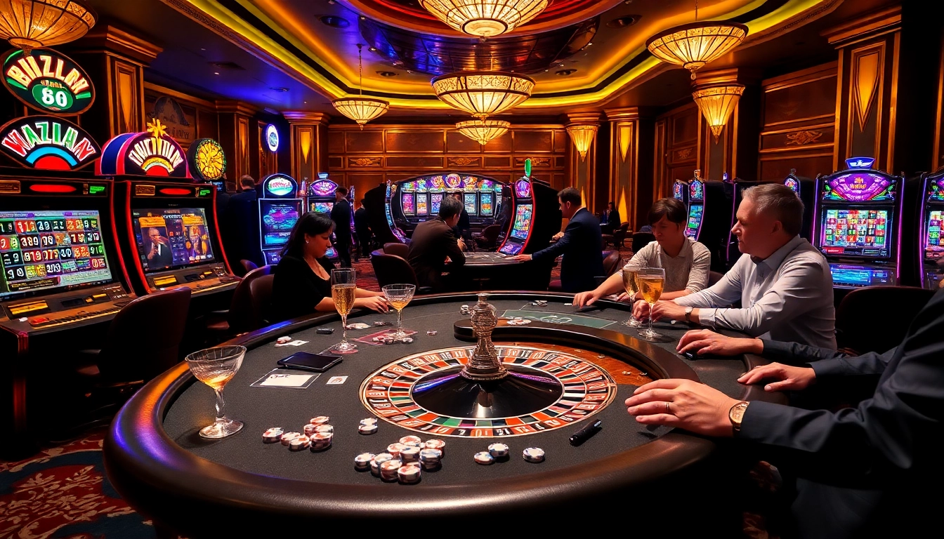The thrilling atmosphere of a poker game at nhà cái kkwin with a roulette wheel and vibrant casino decor.