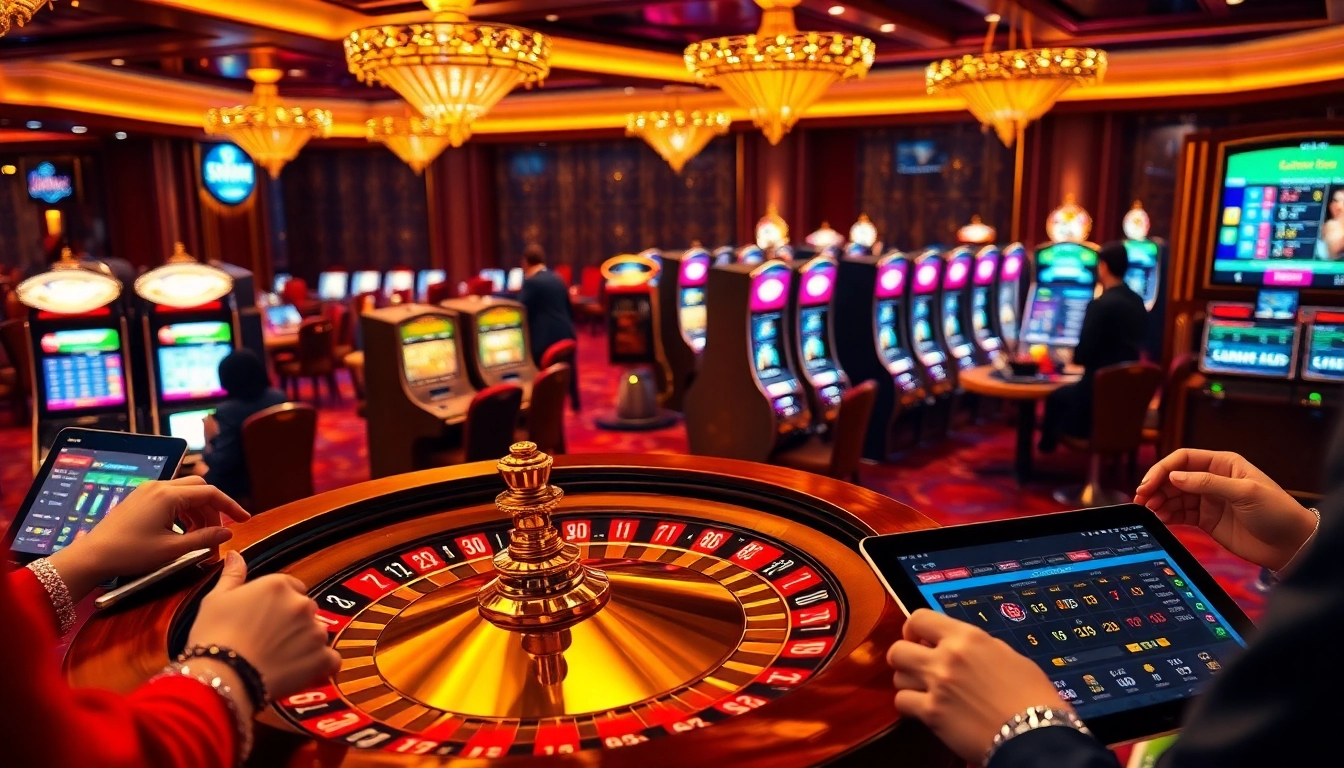 Experience the excitement of betting at USBET with a dynamic casino scene featuring roulette and slots.