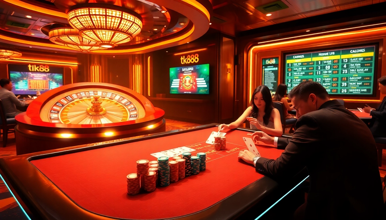 Experience the thrill of tk88 poker gaming with excited players at a vibrant casino table.