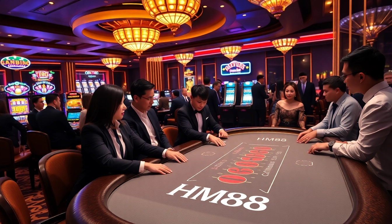 Engaged players at the HM88 poker table in a vibrant casino setting with roulette wheel and slot machines.