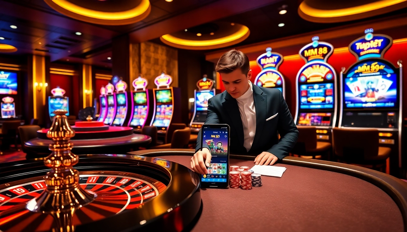 Experience excitement at MM 88 with roulette tables, poker chips, and vibrant online gambling interfaces.