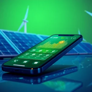 Cloud mining app interface displayed on a smartphone with renewable energy elements in the background.