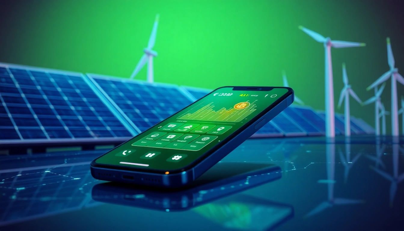 Cloud mining app interface displayed on a smartphone with renewable energy elements in the background.