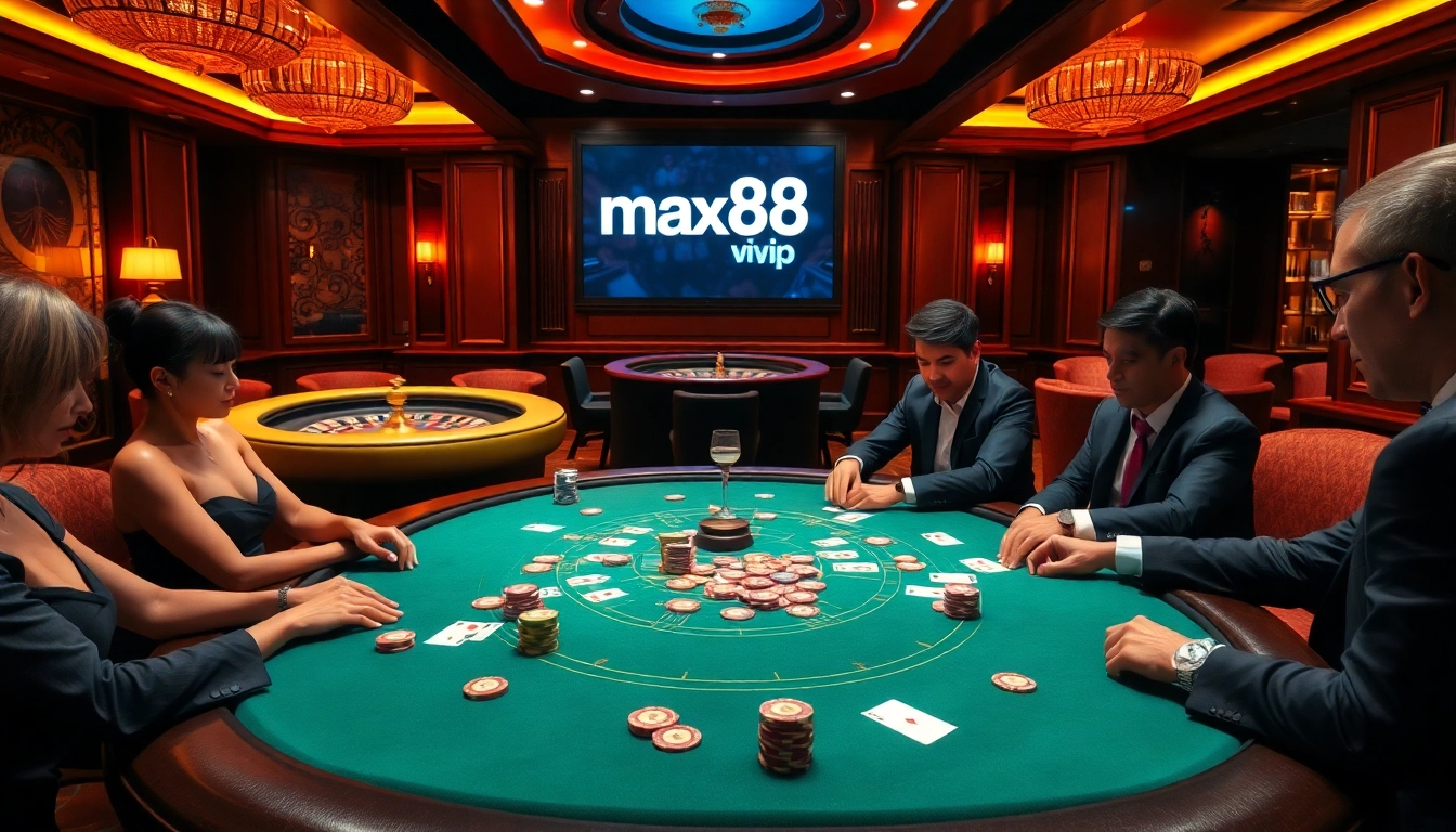 Experience the thrill of max88 vip in a luxurious casino atmosphere with poker, roulette, and vibrant decor.
