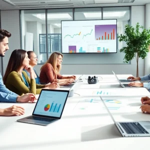 Logo ERP danışmanlığı team collaborating in a modern office with digital tools and vibrant charts.