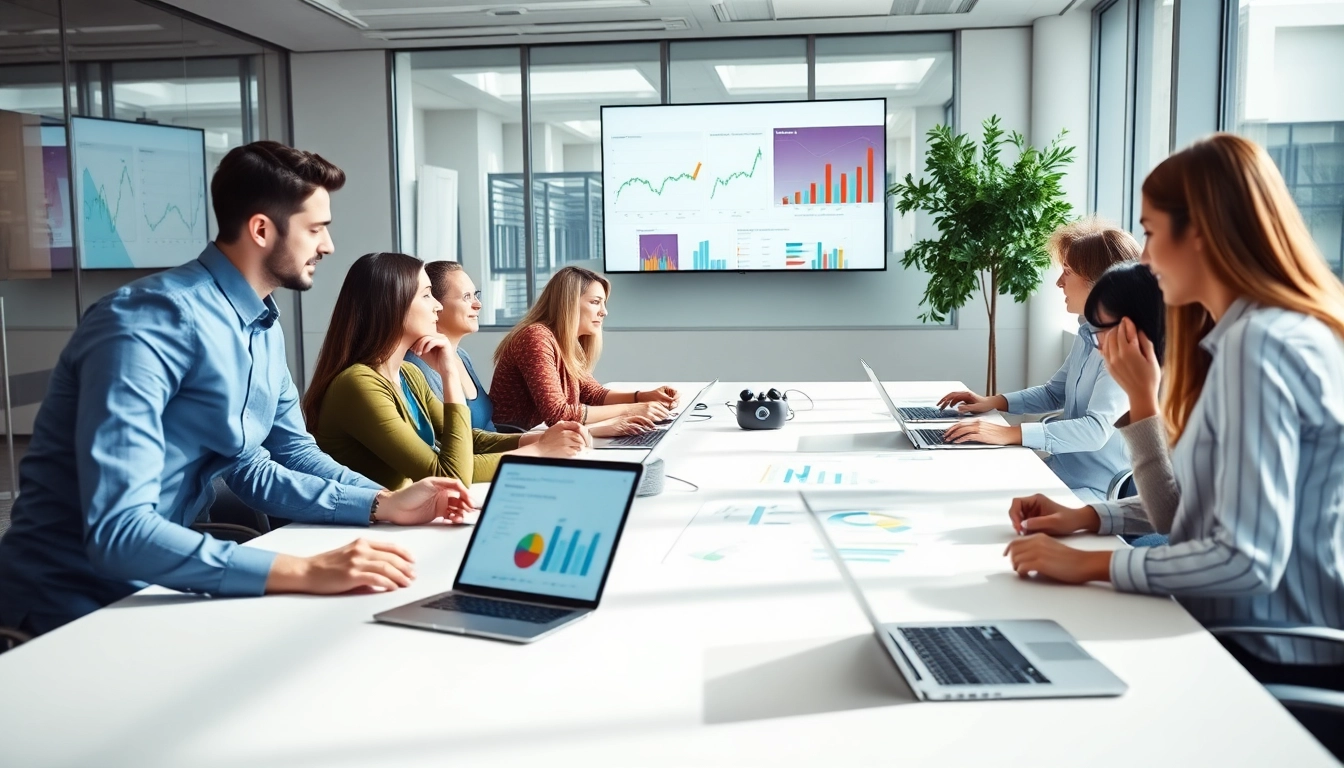 Logo ERP danışmanlığı team collaborating in a modern office with digital tools and vibrant charts.