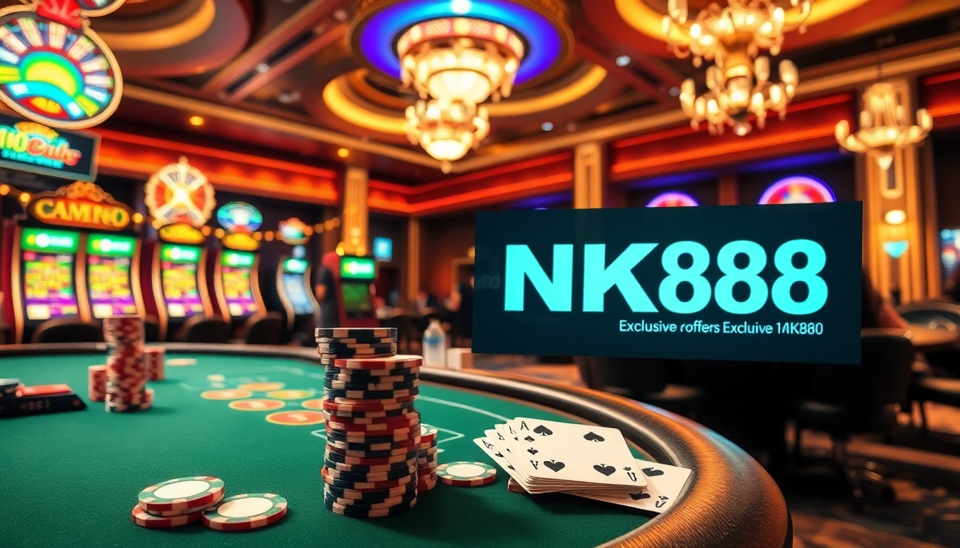 NK88 players enjoy high-stakes action at a vibrant casino, showcasing poker chips and roulette.