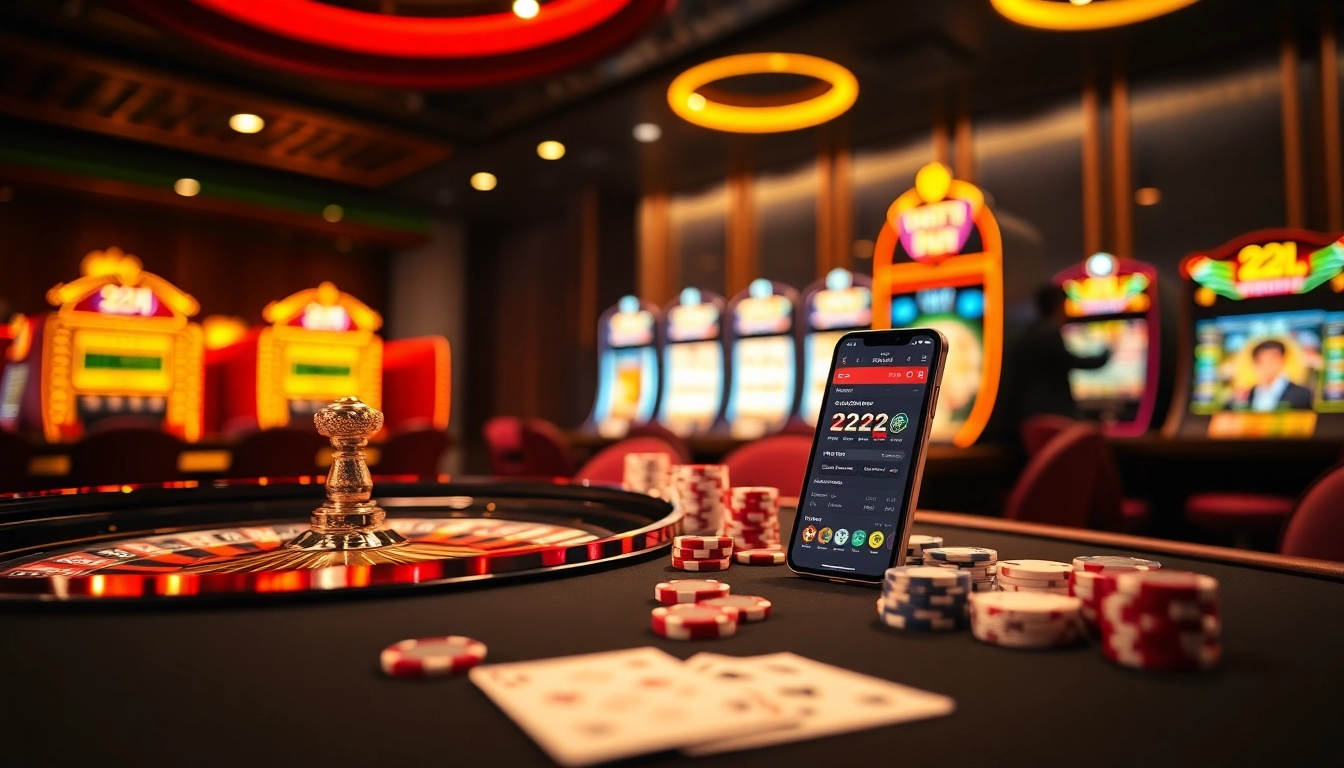 A vibrant casino scene showcasing the 22JL app on a smartphone surrounded by poker chips and roulette wheel.