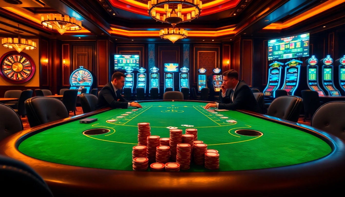 Players strategizing at a luxurious poker table in a vibrant 7m casino ambiance.