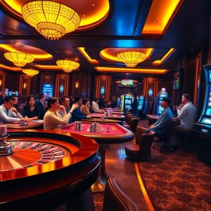 Players enjoying an exciting roulette game at QQ88 casino, surrounded by vibrant decor.