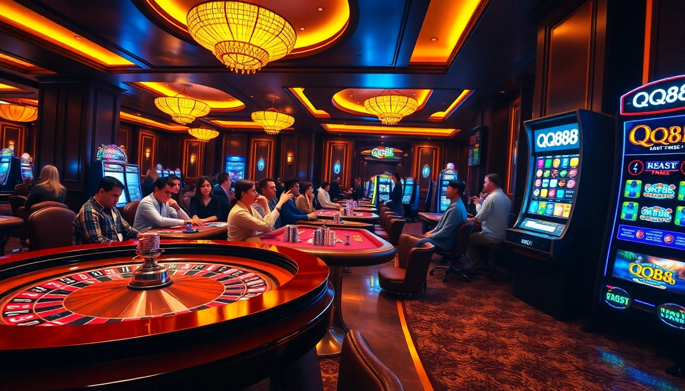 Players enjoying an exciting roulette game at QQ88 casino, surrounded by vibrant decor.