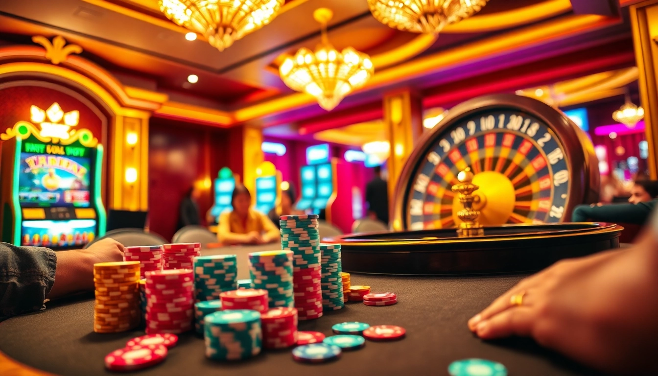 Engage in high-stakes gaming at MM88 with colorful poker chips and a spinning roulette wheel.