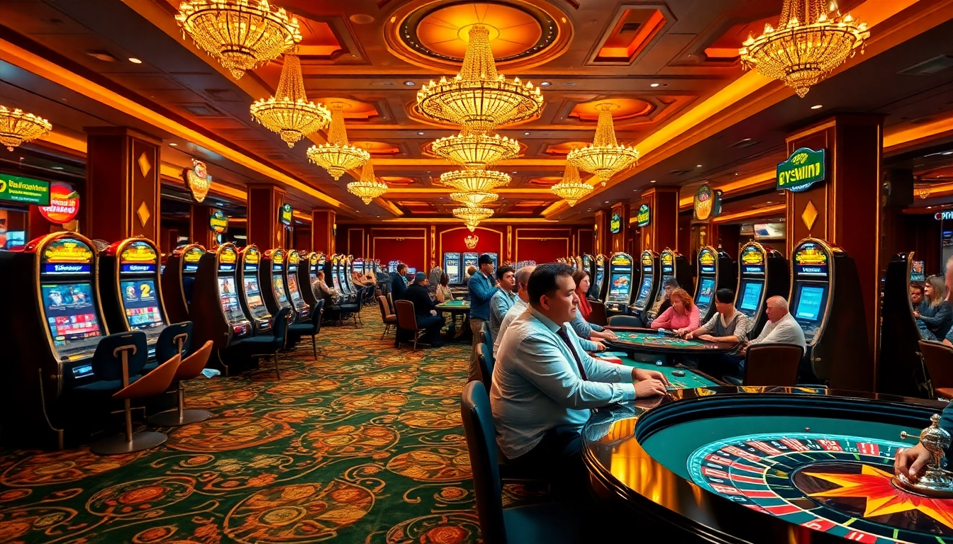 Experience the excitement of 789win casino with diverse players at illuminated tables and slot machines.