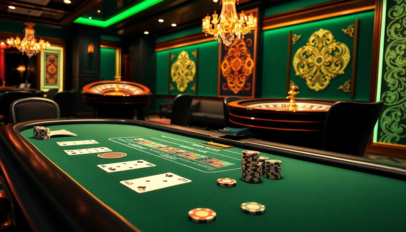 RAJABARONG casino scene showcasing an upscale blackjack table and roulette wheel in vibrant ambiance.