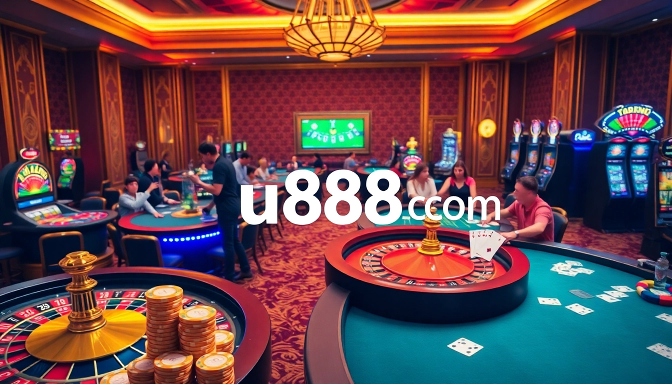 Players winning exciting games at u888 com casino with poker chips and vibrant slot machines.