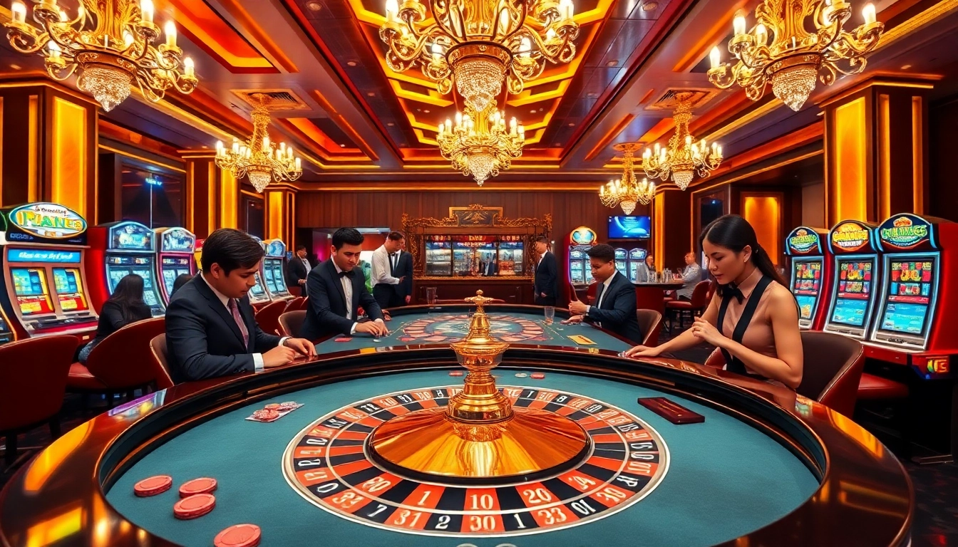 Experience the excitement of gambling at https://68win2025.online/ with a luxurious casino scene featuring a roulette table.