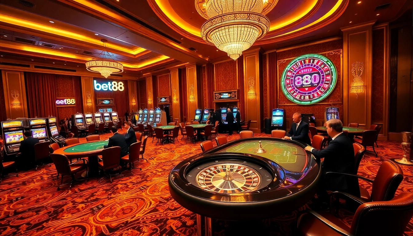 Bet88 players enjoying an exciting casino experience with poker tables and roulette wheel.