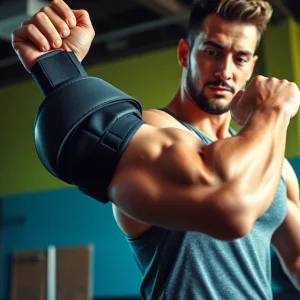 Athletic individual wearing a shoulder brace for weightlifting in a gym, highlighting support and strength.