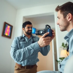 Leak detection technician using thermal imaging technology to find hidden leaks.