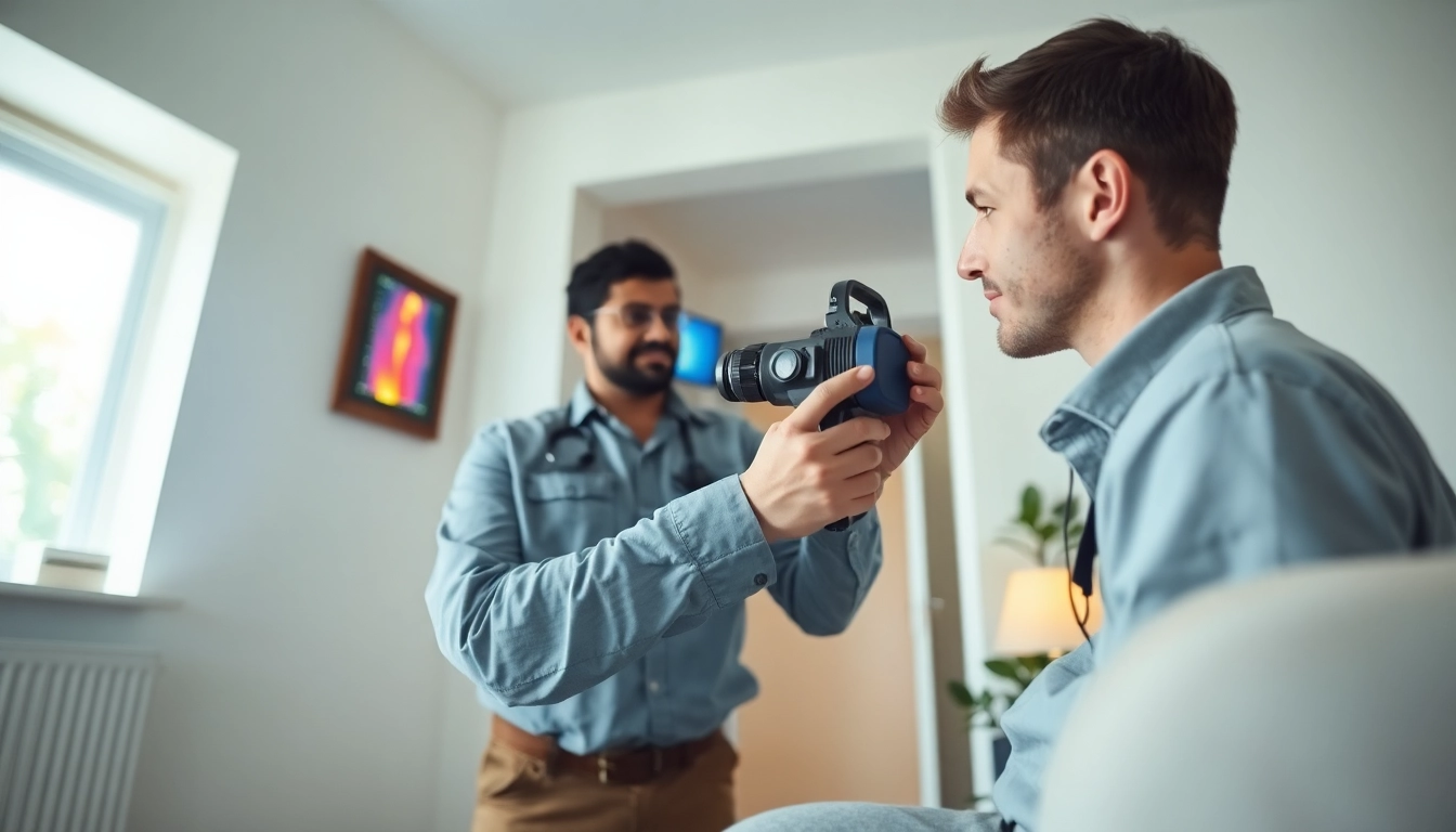 Leak detection technician using thermal imaging technology to find hidden leaks.