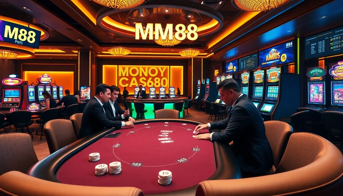 MM88 casino scene with poker players, colorful slots, and vibrant atmosphere