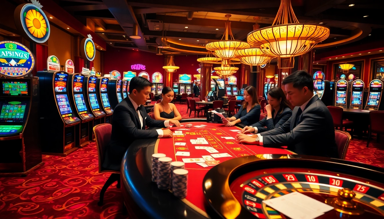 Players enjoying games at a luxurious casino featuring betting slips and poker chips at https://rr88.se.net/.