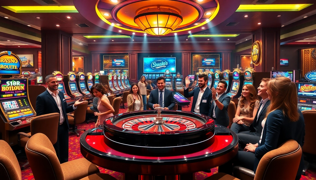 Gamblers enjoying luxury casino experience at f168 com with roulette and slot machines.