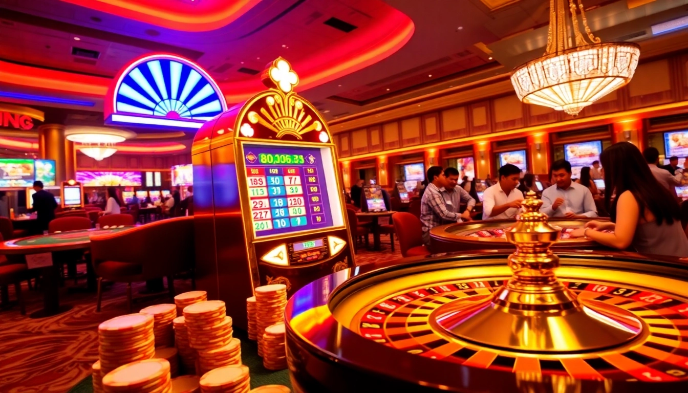 RAJABARONG players celebrating wins at a luxurious casino filled with slot machines and poker chips.