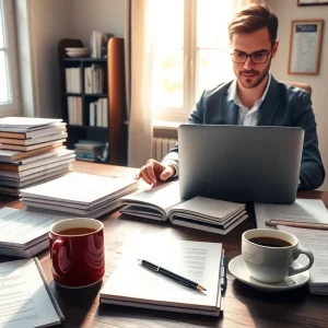Tłumaczenie przysięgłe workspace with translator, documents, and digital devices.