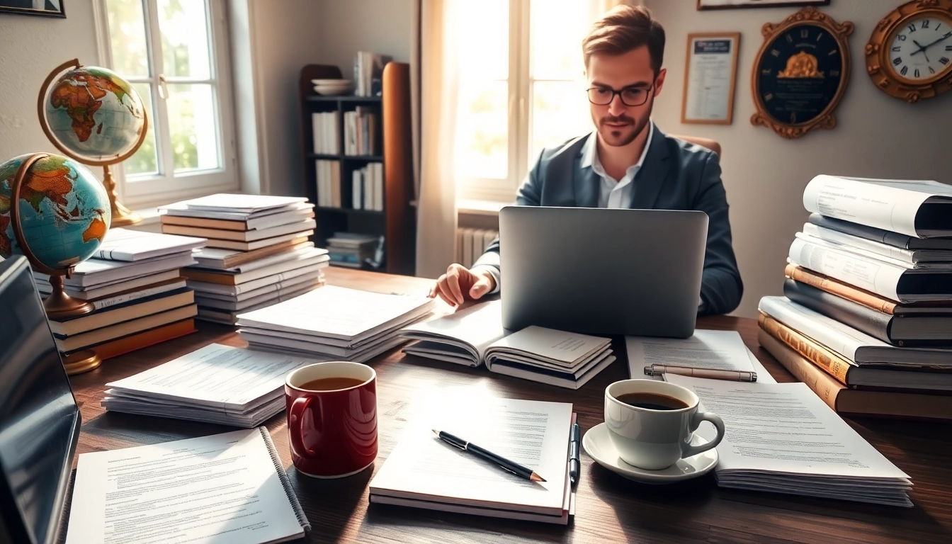 Tłumaczenie przysięgłe workspace with translator, documents, and digital devices.