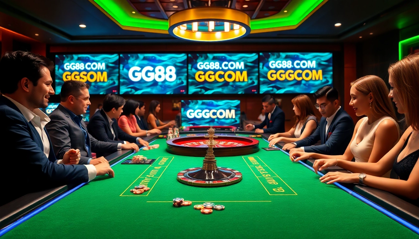 Experience the excitement of GG88COM with a vibrant casino scene featuring tables and gaming elements.
